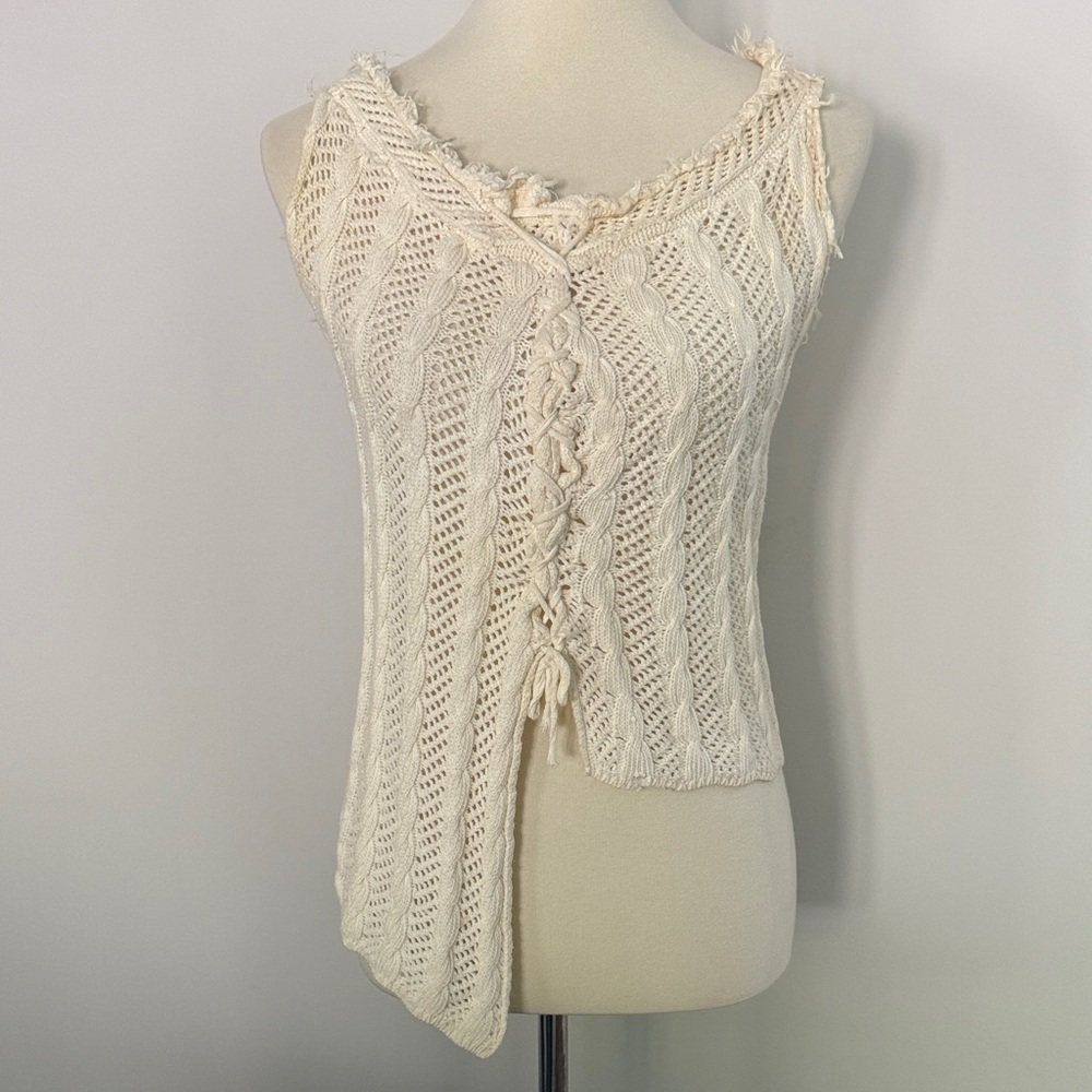 Crochet Knit Sleeveless Asymmetrical Ivory Top
